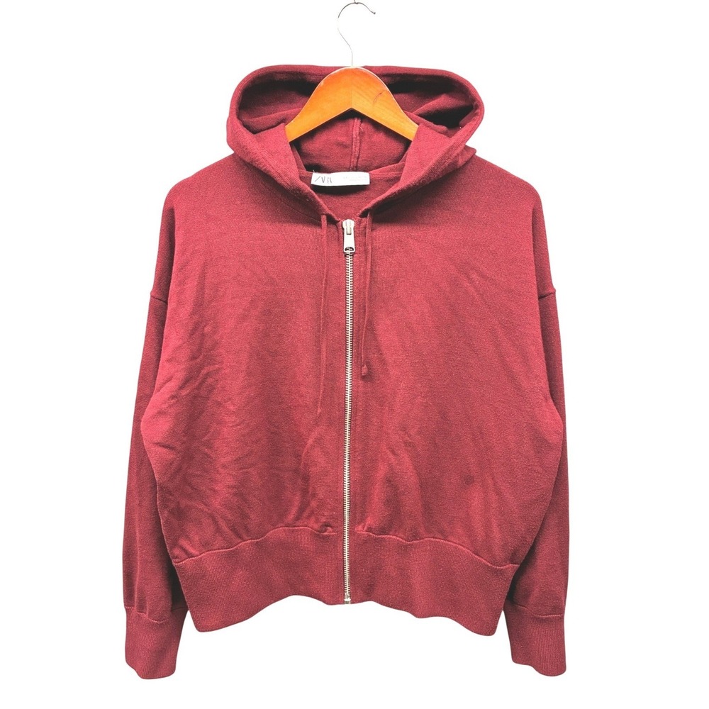 Zara Cropped Full Zip Hoodie Sweatshirt Womens L Red Casual Athleisure